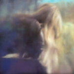An intentionally blurred colour, side-view image of a young woman with long blonde hair, leaning forward. Dominant colour palette of blue, azure and violet.